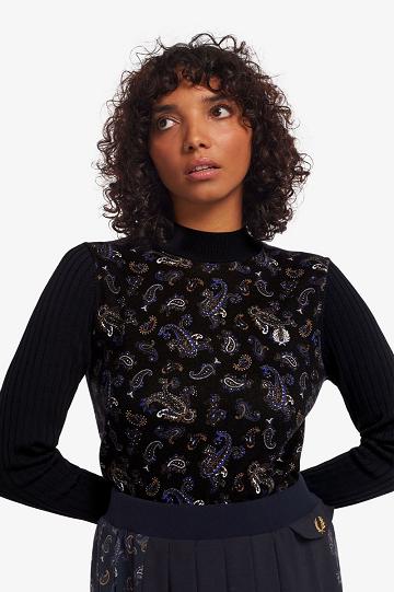 Fred Perry Paisley Print Jumper Naisten Neuleet Laivastonsininen | FI 1126ILHS